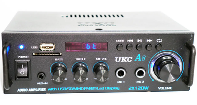 Підсилювач звуку UKC A8 Bluetooth USB SD TF FM AUX 2x120W стерео підсилювач караоке для колонок акустики аудіопідсилювач з пультом радіо дисплей RCA домашній музичний центр підтримка карт пам'яті бездротове підключення