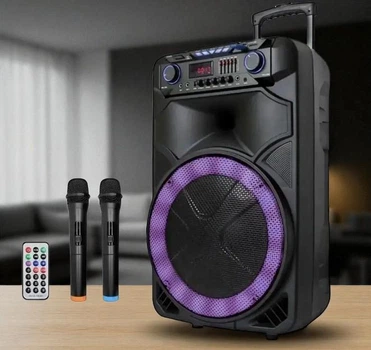 Колонка аккумуляторная портативная 800Вт с 2 караоке радиомикрофонами, LED RGB подсветкой USB/BT/FM/TWS, Черный (ІІОІ)