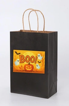 Черный крафт пакет с наклейкой Хэллоуин. Halloween "Тыквы и привидения" 24х15х9