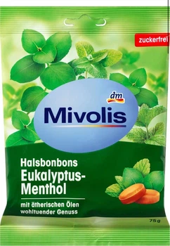Льодяники для горла з ментолом Mivolis Halsbonbons Eukalyptus-Menthol 75г