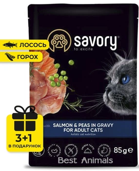 Вологий корм для котів Savory Сейворі з лососем та горошком в соусі пауч 85 г 3+1 шт (4820261920116)