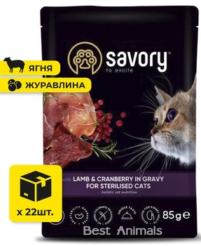 Вологий корм для стерилізованих Savory Сейворі з ягням та журавлиною в соусі пауч 85 г 22 шт (4820261920093)