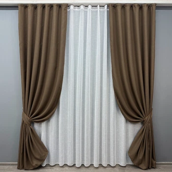 Комплект штор VR-Textil Лен Мешковина 100х270 2шт и Тюль 300х270 277ш-115т Коричневый с белым 71-015/1