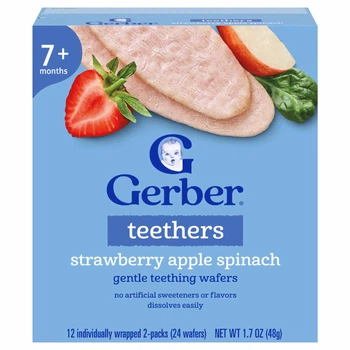 Gerber, прорізувачі, вафлі для прорізування зубів, від 7 місяців, полуниця, яблуко, шпинат, 12 пакетиків