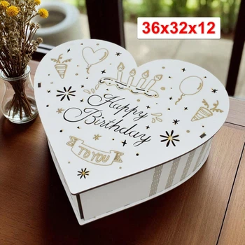 Белая Подарочная Коробка с Крышкой "Happy Birthday" в Форме Сердца 36 см, Деревянная Коробочка для Подарка Белое Сердечко Бокс под Наполнение