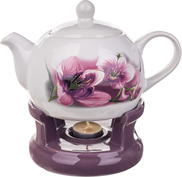 Dzbanek na herbatę ceramiczny Kadax Irais z podgrzewaczem Biało-Fioletowy 1 l (5906638318461)