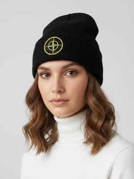 Шапка унісекс Stone Island Phantom подвійна з відворотом та жовтим логотипом чорна