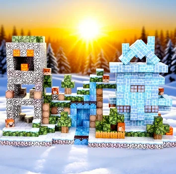 Магнітний конструктор Minecraft 100 блоків Новорічний будиночок з водоспадом