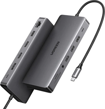 USB-хаб Ugreen CM681 13-in-1 USB-C to 4xUSB 3.0/USB-C/2xHDMI/DP/RJ-45/AUX/SD/TF/PD 100W Grey (6941876219780)