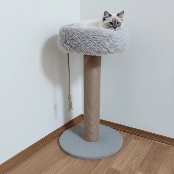 Кошачья когтеточка столбик с мягкой лежанкой травкой для кошки котят 64см бежевая