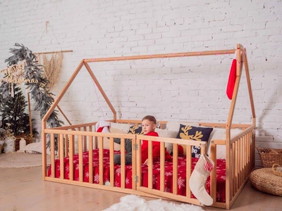 Детский деревянный манеж-кровать домик Монтессори BUSY WOOD напольная Модель 6 190х160 см натуральное дерево