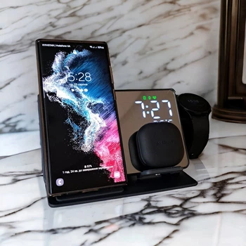 Беспроводная зарядка для Samsung Galaxy Watch Buds Зеркальная 4 в 1 Бездротова Black Mirror Часы
