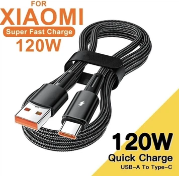 Кабель швидкої зарядки для Xiaomi 120W 90W 67W 33W Mi Turbo Charge USB Type-C 6A 1м, в обплетінні, Чорний