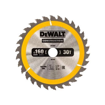 Диск пиляльний DeWALT, СONSTRUCTION , розмір 160 х 20 мм, кількість зубів 30, геометрія зубів ATB, кут заточування градусів 10,