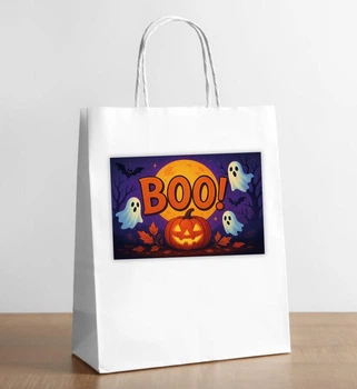 Белый крафт пакет с наклейкой Хэллоуин. Halloween "Тыква и привидения" 28х19х11