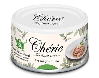 Консервированный корм Cherie Hairball Control Tuna & Crab влажный корм в виде сочных кусочков тунца и краба в соусе с эффектом выведения шерсти у кошек 80 г (CHT17002)