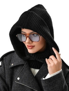 Женский капор-капюшон с воротником вязанный - Анжелика (one-size) - Черный