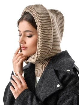 Женский капор-капюшон с воротником вязанный - Анжелика (one-size) - Капучино