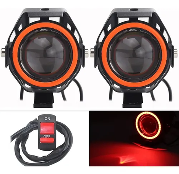 Фары прожекторы для мотоцикла U7 LED 12В 3000лм Angel Eyes красные и кнопка
