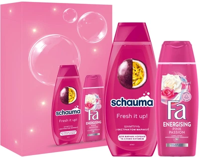 Набір косметики для догляду Schauma Fresh It Up! шампунь 400 мл + гель для душу Fa Pink Passion 250 мл (9000101780086)