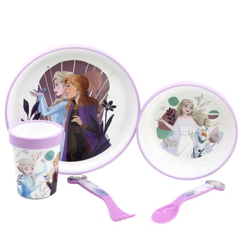 Детский набор 5 предметов Холодное сердце Stor Frozen пластиковые тарелки 19,6x19,6x2,5 и 14x14x4,6 см, стакан 260 мл, ложка та вилка