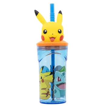 Стакан для детей с трубочкой 360 мл Покемоны Stor Pokemon 23х7,5х7,5 см пластиковый синий с желтым