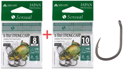 Набор крючков Mikado Sensual X-Tra Strong Carp №8 и №10 (ушко) 2x10 шт. black matt (HS805-SET8DB-10DB)