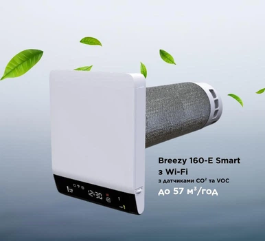 Рекуператор провітрювач Вентс Breezy 160-E Smart електричним нагрівачем повітря, до 57 м³/год, з Wi-Fi модулем, з датчиками СО2 та VOC