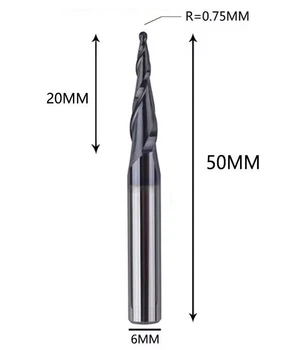 Двозахідна конічна фреза R0.75x20xD6x50L кінчик півсфера