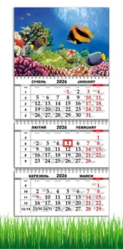 Календар настінний квартальний на 2026 рік на три пружини , Apriori , Риби, Червоне Море, Природа , 29,7х61см