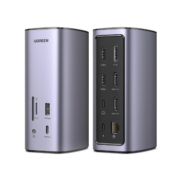 Док-станція UGREEN CM555 12-в-1 Type-C: 2×HDMI, DisplayPort, RJ45, SD/microSD, 3.5 мм, PD 100 Вт Silver
