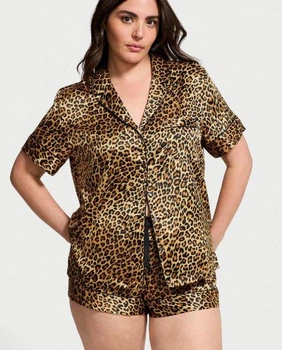 Пижама Victoria's Secret сатиновая леопардовая шорты+рубашка XS Satin Short Pajama Set