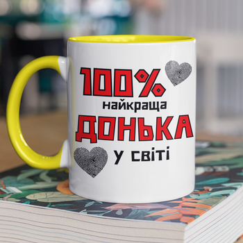 Чашка керамічна 100 найкраща Донька 330 мл Біла з жовтою ручкою