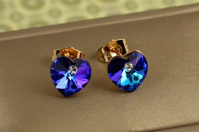 Сережки гвоздики Xuping Jewelry Сваровські сердечки сині хамелеон 1 см золотисті