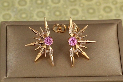 Сережки гвоздики Xuping Jewelry рожевим каменем 2,9 см золотисті