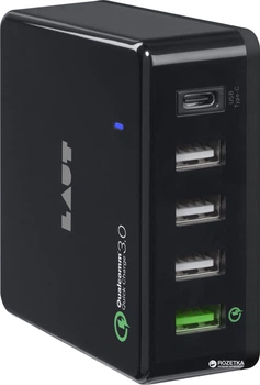 Мережевий зарядний пристрій Laut зі швидкісним Qualcomm Quick Charge 3.0 USB-A + USB-C 5V і 3X 2.4A (12W) USB-A портами Black (Laut_QX2_UK_BK)