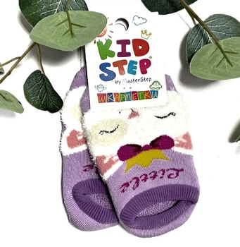 Дитячі махрові укорочені носки для дівчинки зі стопіками KidStep на 18-20 см (29-31 розмір) Котик Фіолетовий/ Білий