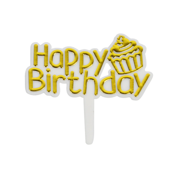 Топпер Для Торта Happy Birthday С Тортом Золото