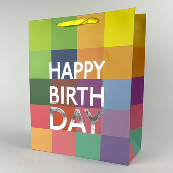 Подарочный Пакет Happy Birthday Разноцветные Квадраты 23x18x10см