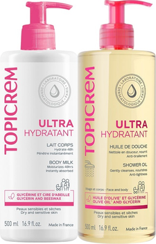 Набор косметических средств для ухода Topicrem UH Ultra Moisturizing Молочко для тела 500 мл + Масло для душа 500 мл (3700281705386)