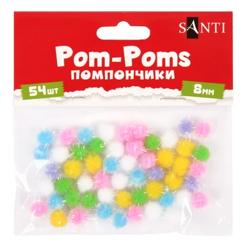 Помпоны Santi, d-8 мм., 54 шт., с люрексом голографическим, Цветные, (955440)