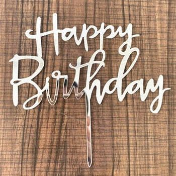 Топпер зеркальный Happy Birthday на ножке СЕРЕБРО