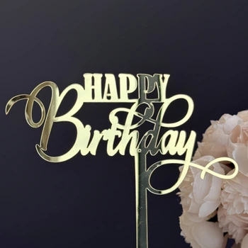 Зеркальный топпер на ножке Happy Birthday золото №5