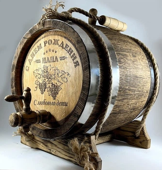 Дубовая бочка Barrels «С днем рождения папа» из колотого дуба для виски, вина, самогона и коньяка обручи нержавеющая сталь 5 л