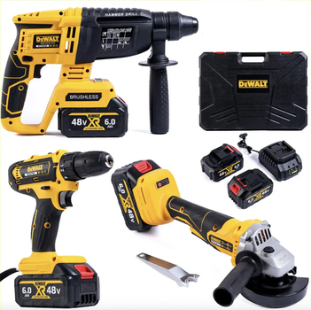Набор аккумуляторный DeWalt 3в1 шуруповерт перфоратор болгарка в кейсе с 2 аккумуляторами 48 Вт Черный с желтым