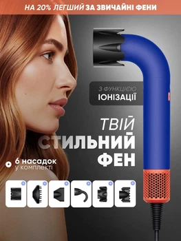 Фен стайлер для волосся професійний Super Hair Dryer Supersonic HD 18 + 6 насадок, синій