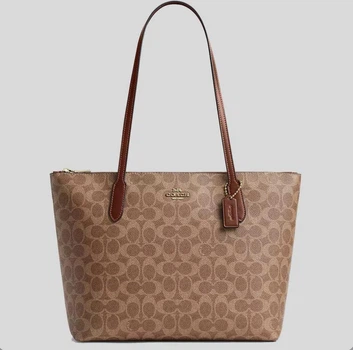 美品　COACH コーチ70253 オプアートビジネスバッグ　2way A4 茶 Женская сумка Coach Zip Top Tote Bag In Signature Canvas Tan/Brown