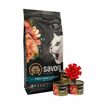 Набор сухой корм Savory для котят всех пород, со свежей индейкой и курицей, 2 кг + 3 консерва по 200 г (2700000021415)