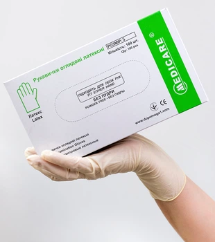 Перчатки смотровые нестерильные латексные БЕЗ пудры Medicare 119034726LCCA размер S № 50 Top Glove 5.4 г (EG-1211-S)
