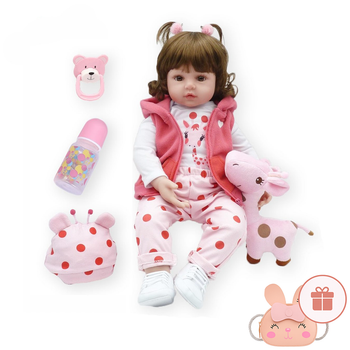 Реалистичная кукла реборн девочка 47 см жираф с аксессуарами и одеждой + подарок детская сумка